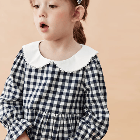 [予約] Navy Gingham Collar Dress