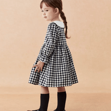 [予約] Navy Gingham Collar Dress