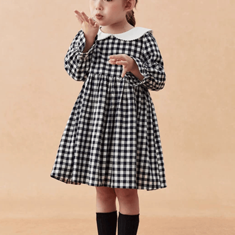 [予約] Navy Gingham Collar Dress