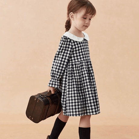 [予約] Navy Gingham Collar Dress