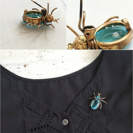 アクアマリンブルーガラス　スパイダー　ブローチ