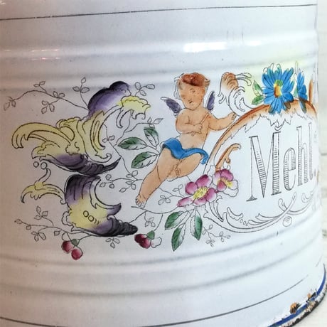 手彩色の花と天使　ホーロー　Mehl　小麦粉入れ（蓋なし）