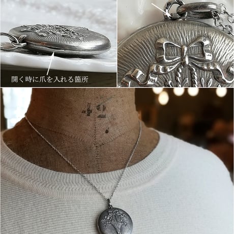 シルバー　リボンと花かご　ロケットペンダント　フランスアンティーク
