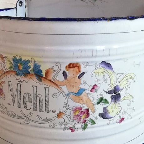 手彩色の花と天使　ホーロー　Mehl　小麦粉入れ（蓋なし）