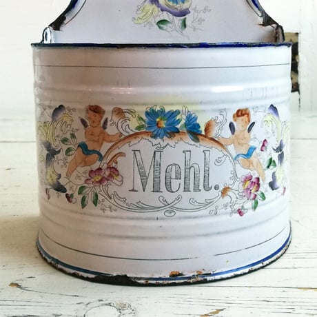 手彩色の花と天使　ホーロー　Mehl　小麦粉入れ（蓋なし）