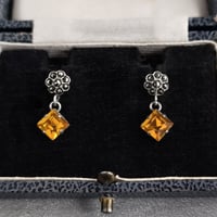 スターリングシルバー　マーカサイト&シトリンカラーガラス　スクリューイヤリング