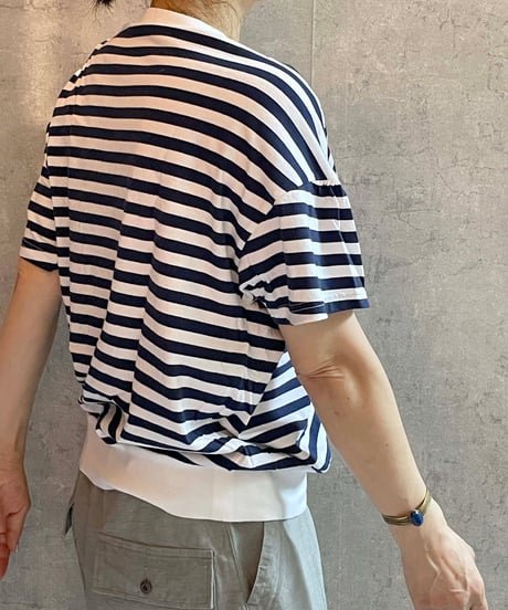 made in Japan   FABRIQUE en planète terre  261-033 コットン ボーダー ギャザー 半袖Tシャツ NAVY