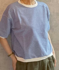 made in japan　Hands of creation  1620824　ラフィスウェーデンカノコ盲縞ハーフスリーブプルオーバー  ブルー
