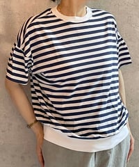 made in Japan   FABRIQUE en planète terre  261-033 コットン ボーダー ギャザー 半袖Tシャツ NAVY