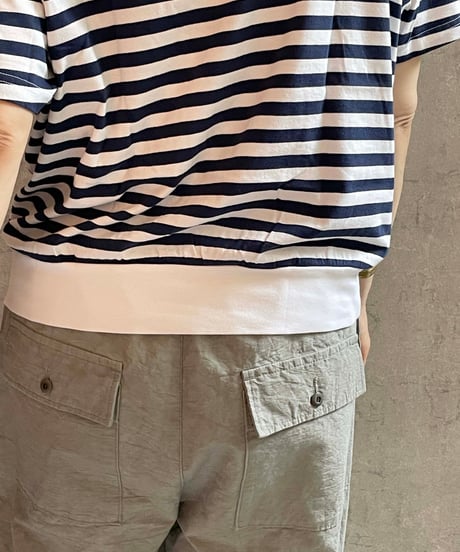 made in Japan   FABRIQUE en planète terre  261-033 コットン ボーダー ギャザー 半袖Tシャツ NAVY