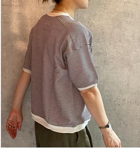 made in japan　Hands of creation  1620824　ラフィスウェーデンカノコ盲縞ハーフスリーブプルオーバー  ブラウン