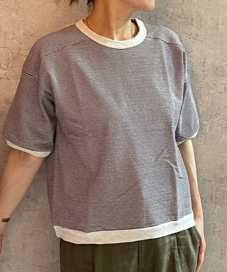 made in japan　Hands of creation  1620824　ラフィスウェーデンカノコ盲縞ハーフスリーブプルオーバー  ブラウン