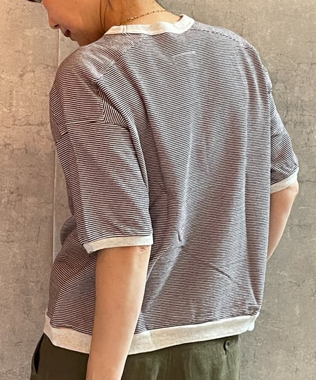 made in japan　Hands of creation  1620824　ラフィスウェーデンカノコ盲縞ハーフスリーブプルオーバー  ブラウン