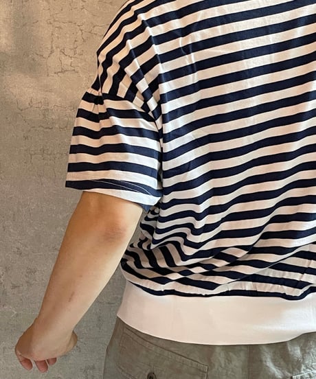 made in Japan   FABRIQUE en planète terre  261-033 コットン ボーダー ギャザー 半袖Tシャツ NAVY