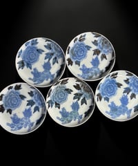【5客セット】 大明誠化年製 印判 染付皿 獅子 牡丹 丸皿 古伊万里 平皿 和食器 陶器 時代物 骨董品 アンティーク