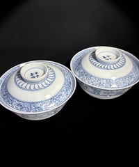 【2客セット】 平戸焼 平戸嘉祥 染付 汁椀 獅子 唐草文図 蓋付き椀 茶碗 和食器 陶器 骨董品 アンティーク