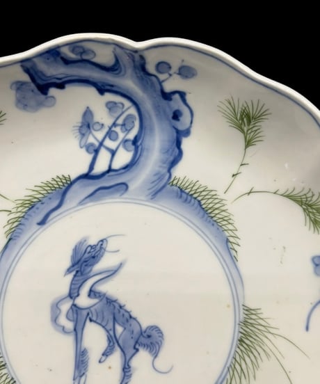 【2枚セット】 明治期 古伊万里 染付 梅 麒麟 大皿 伊万里 時代物 陶器 骨董品 アンティーク
