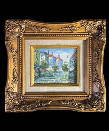油彩画 ヨーロッパ 街並み 油絵 額装 金縁 風景 壁掛 絵画 アート 雑貨 インテリア アンティーク コレクション