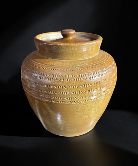 小鹿田焼 蓋付き壺 飴釉 茶壺 花瓶 丸壺 花器 陶器 古美術 時代物 骨董品 アンティーク