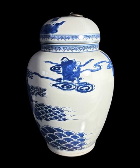大清康熙年製 中国磁器 染付 蓋付き壺 青花人物文図 花入れ 花器 丸壺 陶器 中国 古美術 骨董品 アンティーク