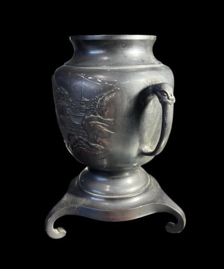 銅製 薄端 双耳 花瓶 山水風景図 花入れ 花器 工芸品 陶器 インテリア 骨董品 アンティーク