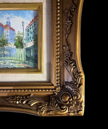 油彩画 ヨーロッパ 街並み 油絵 額装 金縁 風景 壁掛 絵画 アート 雑貨 インテリア アンティーク コレクション