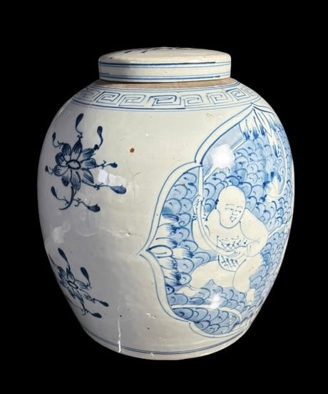 中国磁器 染付 蓋付き壺 青花人物文図 花入れ 花器 丸壺 陶器 中国 古美術 骨董品 アンティーク
