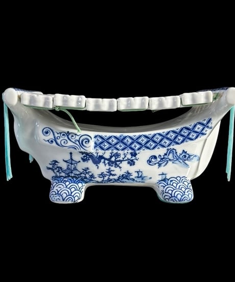 公明陶沈 染付 風景文図 白磁 健康 陶器 伝統 古美術 工芸品 オブジェ 骨董品 アンティーク