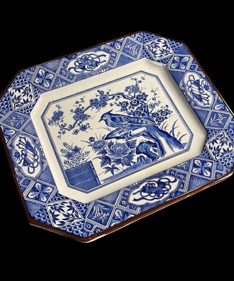 古伊万里 印判 八角皿 鳥梅草花文図 縁起物 藍染 絵皿 角皿 飾皿 時代物 骨董品 アンティーク