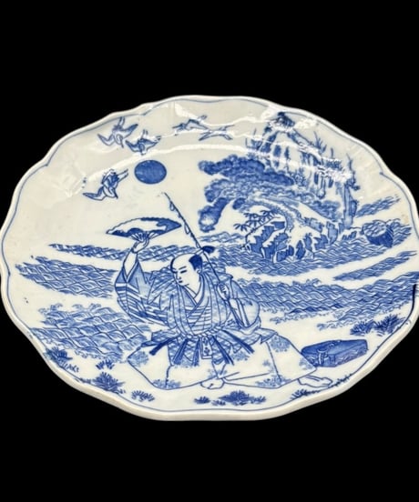 【2枚セット】 明治後期 銅版 染付 浦島太郎 輪花皿 印判 時代物 陶器 骨董品 アンティーク