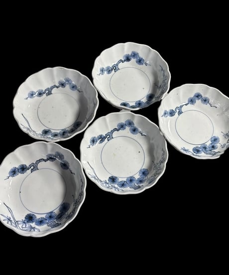 【5客セット】 江戸期 古伊万里 輪花 染付 なます皿 松竹梅図 丸皿 和食器 陶器 時代物 骨董品 アンティーク