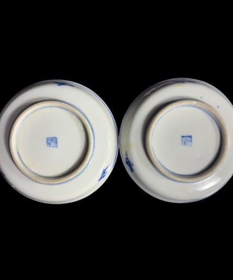 【2客セット】昭和前期 古伊万里 染付 小皿 釣り人 山水風景図 丸皿 時代物 和食器 陶芸 骨董品 アンティーク
