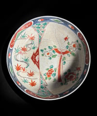 江戸後期 古伊万里 大鉢 兎蝶草花文図 染錦 色絵 鉢 貫入 取り皿 飾り皿 陶器 時代物 骨董品 アンティーク