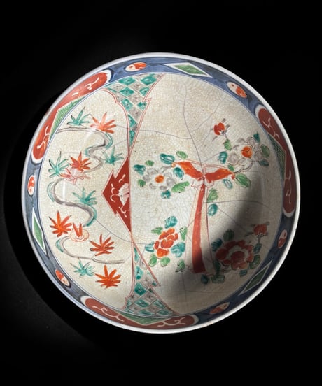 江戸後期 古伊万里 大鉢 兎蝶草花文図 染錦 色絵 鉢 貫入 取り皿 飾り皿 陶器 時代物 骨董品 アンティーク