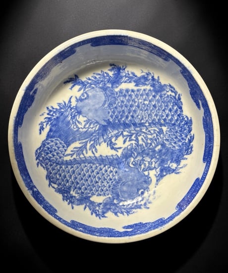 守本製造 古伊万里 染付 大鉢 鯉草文様 印判 盛り皿 鉢 飾皿 古伊万里 古美術 時代物 和食器 骨董品 アンティーク