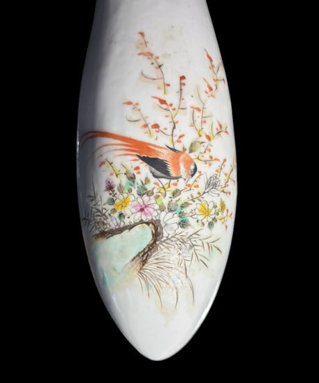 時代物 中国陶器 一輪挿し 鶯 壁掛け 中国雑貨 鳥 花瓶 フラワーベース 色絵 陶磁器 骨董品 アンティーク