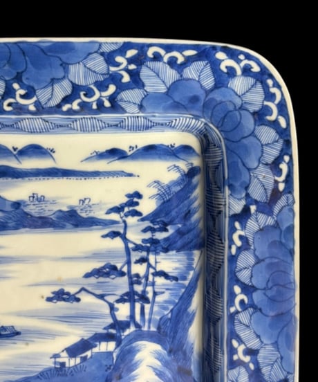 大明成化年製 染付 長方皿 山水風景図 角皿 平皿 飾皿 和食器 陶磁器 時代物 骨董品 アンティーク