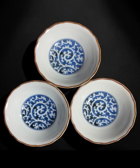 【3客セット】美濃焼 藍染 蛸唐草 小皿 染付 丸皿 銘々皿 時代物 和食器 陶芸 骨董品 アンティーク