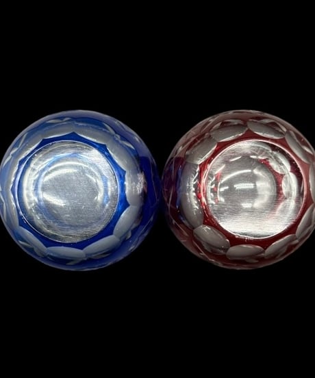 【2客セット】 切子ミニグラス 青 赤 クリスタル お猪口 色被せ 硝子 酒器 切子 伝統工芸 古美術 レトロ アンティーク