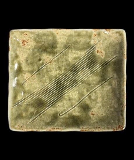 【3客セット】美濃焼 灰釉 角皿 小皿 四方皿 織部焼 時代物 和食器 織部 骨董品 アンティーク