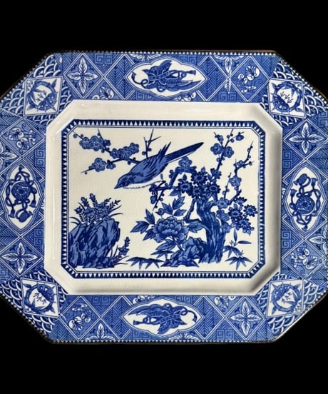 勢州窯 古伊万里 印判 八角皿 鳥梅草花文図 縁起物 絵皿 角皿 飾皿 時代物 骨董品 アンティーク