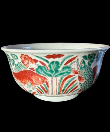 中国美術 大鉢 魚藻文図 赤絵 鯉 菓子鉢 色絵 中国 飾皿 和食器 陶磁器 時代物 骨董品 アンティーク