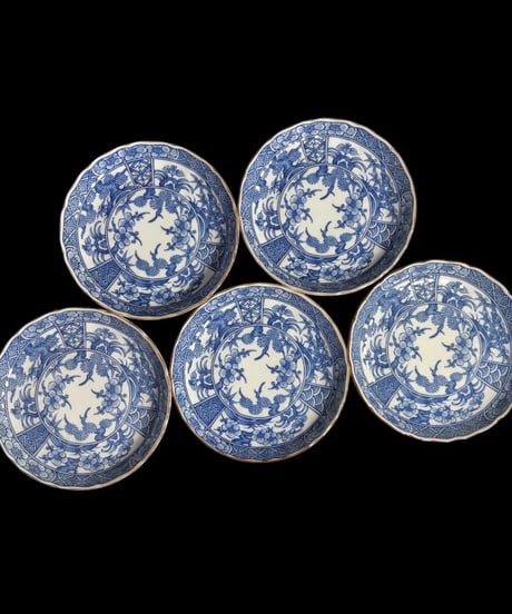【5客セット】有田焼 光窯 染付 輪花皿 小皿 松竹梅 吉祥文 丸皿 時代物 和食器 陶芸 骨董品 アンティーク