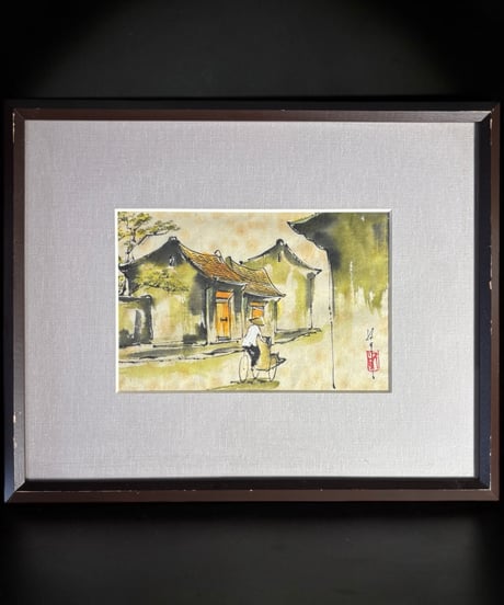 水彩画 風景図 在銘 作家物 額装 アジアン 風景 壁掛 絵画 アート 美術 雑貨 インテリア アンティーク コレクション