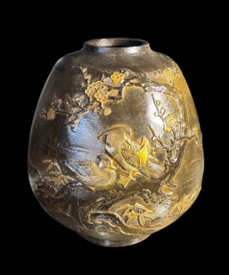 青銅 花瓶 梅鳥図 陶芸 おしどり 花 フラワーベース 壺 花入れ 丸壺 花器 陶器 記念品 古美術 骨董品 アンティーク