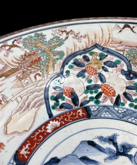 江戸期 古伊万里 大鉢 山水風景文図 錦手 色絵 鉢 取り皿 飾り皿 陶器 時代物 骨董品 アンティーク