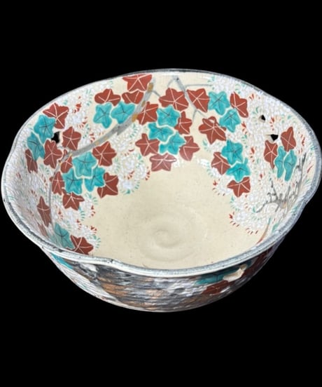 清水焼 雲錦 透かし大鉢 桜 紅葉 菓子鉢 色絵 金彩 もみじ 大鉢 飾皿 和食器 陶磁器 骨董品 アンティーク