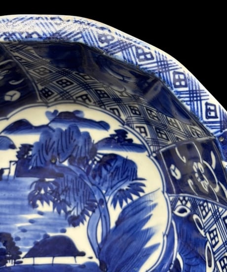 江戸期 古伊万里 ベロ藍 染付 大鉢 山水風景図 印判 鉢 取り皿 飾り皿 和食器 陶器 骨董品 アンティーク