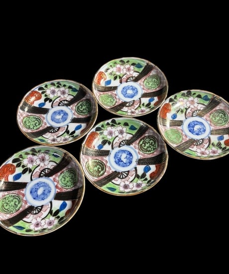 【5客セット】 明治期 古伊万里 金彩 色絵 松竹梅 小皿 染錦 丸皿 和食器 陶器 時代物 骨董品 アンティーク