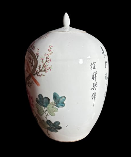 中国磁器 色絵 蓋付き壺 梅鳥草花文図 民国 花瓶 花入れ 鴛鴦 牡丹 花器 丸壺 ジャー 陶器 中国 古美術 骨董品 アンティーク
